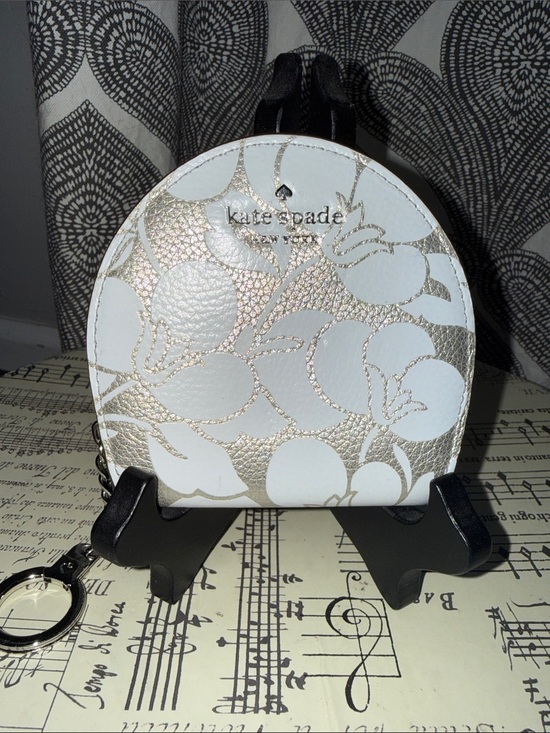 kate spade Handbags - Kate Spade White & Metallic Floral Round Keychain Wallet Coin Purse